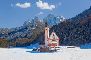 Panoramic view of alpine Village Santa Maddalena in Dolomite Alps, Italy