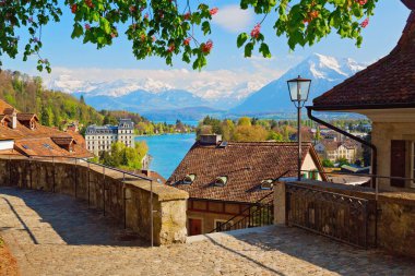 Thun City 'nin panoramik manzarası, Bernese Highlands, Swiss Alps, İsviçre