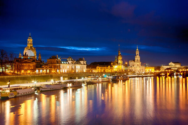 Panoramic view of ancient city of Dresden at night, Germany