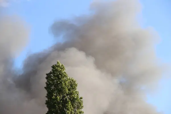 Berlin 'in Spandau bölgesindeki bir yangından yükselen kalın gri duman. Duman bulutları aktif bir acil durum sinyali veriyor, uzaktan görülebilir. .