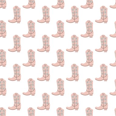 Süssüz desenli kovboy çizmeleri. Vahşi batı teması. Beyaz arkaplanda elle çizilmiş moda vektör çizimi