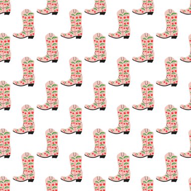 Süssüz desenli kovboy çizmeleri. Vahşi batı teması. Beyaz arkaplanda elle çizilmiş moda vektör çizimi