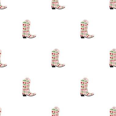 Süssüz desenli kovboy çizmeleri. Vahşi batı teması. Beyaz arkaplanda elle çizilmiş moda vektör çizimi