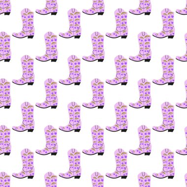 Süssüz desenli kovboy çizmeleri. Vahşi batı teması. Beyaz arkaplanda elle çizilmiş moda vektör çizimi