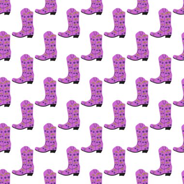 Süssüz desenli kovboy çizmeleri. Vahşi batı teması. Beyaz arkaplanda elle çizilmiş moda vektör çizimi