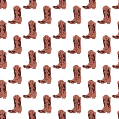 Süssüz desenli kovboy çizmeleri. Vahşi batı teması. Beyaz arkaplanda elle çizilmiş moda vektör çizimi