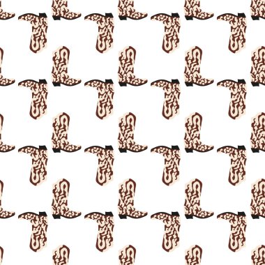 Süssüz desenli kovboy çizmeleri. Vahşi batı teması. Beyaz arkaplanda elle çizilmiş moda vektör çizimi