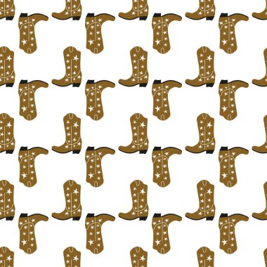 Süssüz desenli kovboy çizmeleri. Vahşi batı teması. Beyaz arkaplanda elle çizilmiş moda vektör çizimi