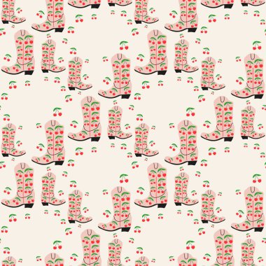 Süssüz desenli kovboy çizmeleri. Vahşi batı teması. Renk arkaplanı üzerinde el çizimi moda vektör çizimi