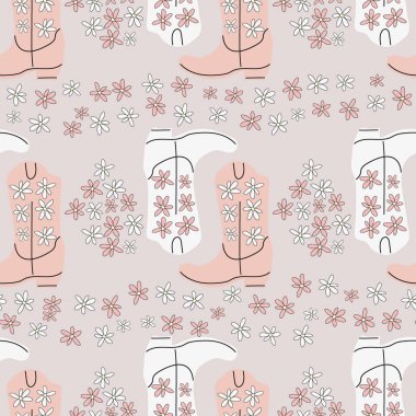 Süssüz desenli kovboy çizmeleri. Vahşi batı teması. Renk arkaplanı üzerinde el çizimi moda vektör çizimi