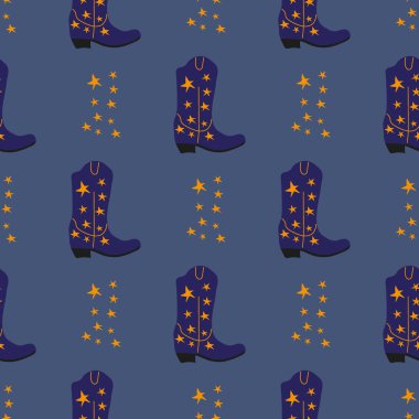 Süssüz desenli kovboy çizmeleri. Vahşi batı teması. Renk arkaplanı üzerinde el çizimi moda vektör çizimi