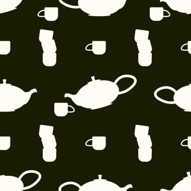 Tea ceremony. Teapot and cups or ceramic mugs with tea. Beautiful Japanese ceramic tableware.