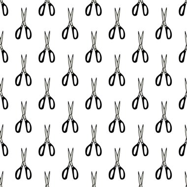 Scissor seamless pattern. Hand drawn professional pair of scissors cutting hair. Craft and scissoring. Vector print on white background
