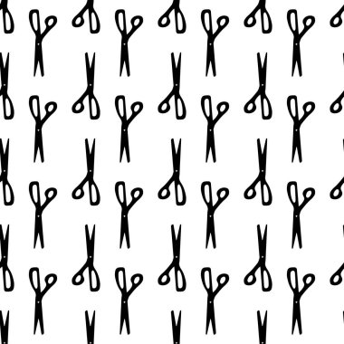 Scissor seamless pattern. Hand drawn professional pair of scissors cutting hair. Craft and scissoring. Vector print on white background