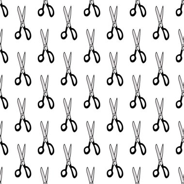 Scissor seamless pattern. Hand drawn professional pair of scissors cutting hair. Craft and scissoring. Vector print on white background