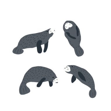 Manatees. Scandinavian style under sea. Save the manatee concept. Character design. Vector illustrations isolated on white background.