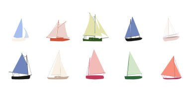 Balıkçı teknesi çizimi beyaza izole edilmiş. Renkli simge koleksiyonu. Şirin düz dizaynlı küçük gemiler. Çocuk oyuncağı gibi. Vektör illüstrasyonu.