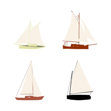 Balıkçı teknesi çizimi beyaza izole edilmiş. Renkli simge koleksiyonu. Şirin düz dizaynlı küçük gemiler. Çocuk oyuncağı gibi. Vektör illüstrasyonu.