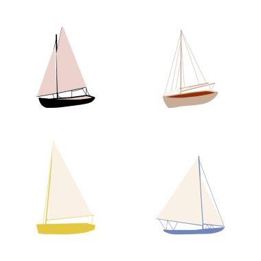 Balıkçı teknesi çizimi beyaza izole edilmiş. Renkli simge koleksiyonu. Şirin düz dizaynlı küçük gemiler. Çocuk oyuncağı gibi. Vektör illüstrasyonu.