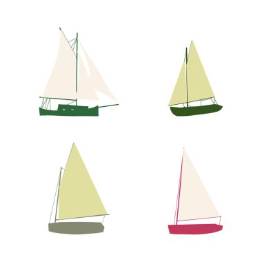 Balıkçı teknesi çizimi beyaza izole edilmiş. Renkli simge koleksiyonu. Şirin düz dizaynlı küçük gemiler. Çocuk oyuncağı gibi. Vektör illüstrasyonu.