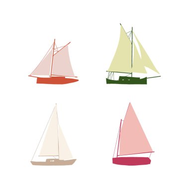 Balıkçı teknesi çizimi beyaza izole edilmiş. Renkli simge koleksiyonu. Şirin düz dizaynlı küçük gemiler. Çocuk oyuncağı gibi. Vektör illüstrasyonu.
