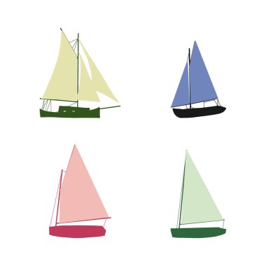 Balıkçı teknesi çizimi beyaza izole edilmiş. Renkli simge koleksiyonu. Şirin düz dizaynlı küçük gemiler. Çocuk oyuncağı gibi. Vektör illüstrasyonu.