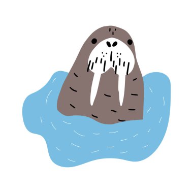 Cute walrus in Scandinavian style on a white background. Vector hand drawn kids illustration. Sea ocean. Underwater world