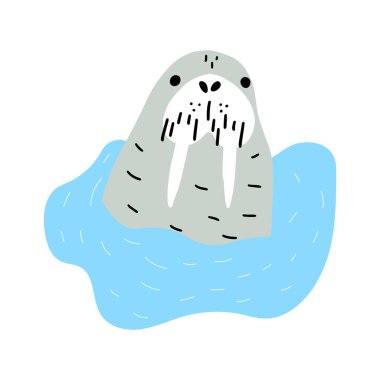 Cute walrus in Scandinavian style on a white background. Vector hand drawn kids illustration. Sea ocean. Underwater world