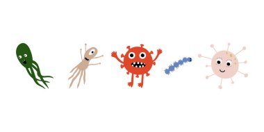 Cute Microorganism isolated on white background. Infectious germ, protist, microbe. Disease causing bacteria, viruses. Bright colored cartoon kids vector illustration.