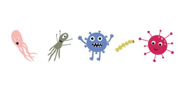 Cute Microorganism isolated on white background. Infectious germ, protist, microbe. Disease causing bacteria, viruses. Bright colored cartoon kids vector illustration.