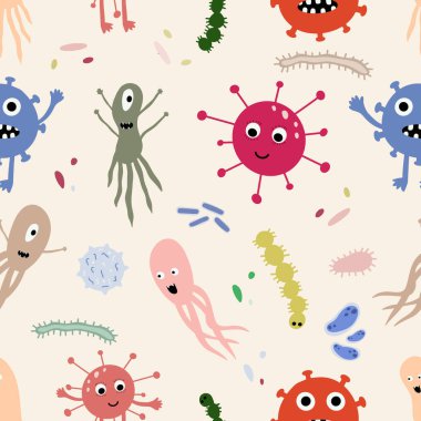 Cute Microorganism isolated on white background. Infectious germ, protist, microbe. Disease causing bacteria, viruses. Bright colored cartoon kids vector illustration.