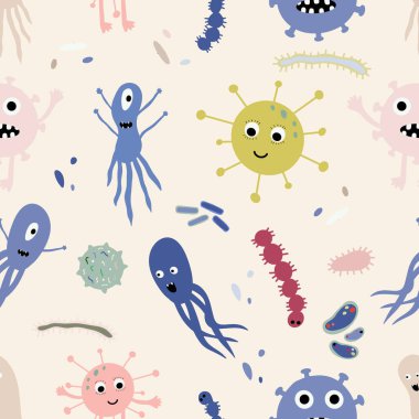Cute Microorganism isolated on white background. Infectious germ, protist, microbe. Disease causing bacteria, viruses. Bright colored cartoon kids vector illustration.