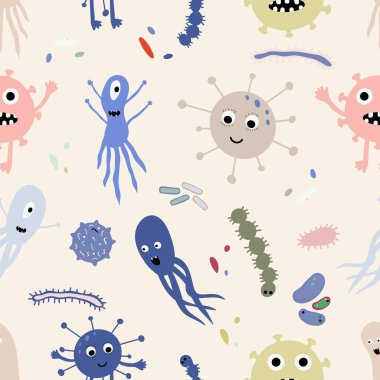 Cute Microorganism isolated on white background. Infectious germ, protist, microbe. Disease causing bacteria, viruses. Bright colored cartoon kids vector illustration.