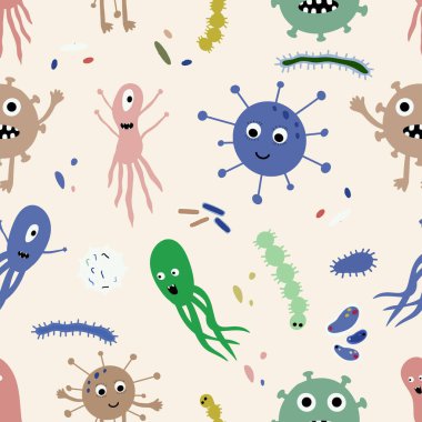 Cute Microorganism isolated on white background. Infectious germ, protist, microbe. Disease causing bacteria, viruses. Bright colored cartoon kids vector illustration.