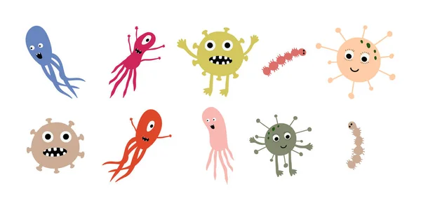 在白色背景上分离出可爱的微生物 传染性的细菌 益生菌 微生物 引起细菌 病毒的疾病色彩艳丽的卡通人物 — 图库矢量图片