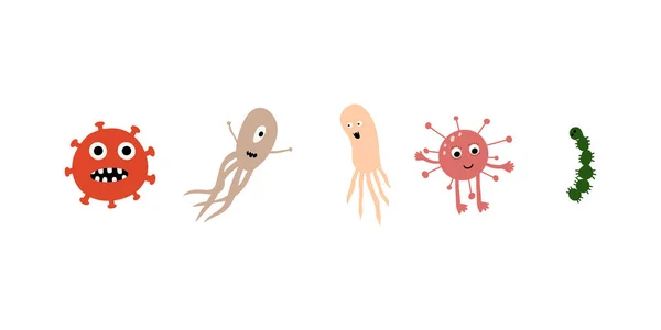 白い背景に隔離されたかわいい微生物 感染性胚 プロテスタント 微生物 ウイルスを引き起こす病気 明るい色の漫画の子供のベクトルイラスト — ストックベクタ