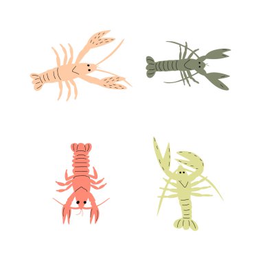 Derin arka planda kerevit karakteri deniz hayvanı. Vahşi yaşam çizimi. İç çamaşırı dünyası. Vektör illüstrasyonu.