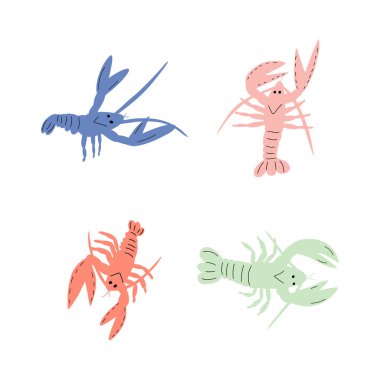 Derin arka planda kerevit karakteri deniz hayvanı. Vahşi yaşam çizimi. İç çamaşırı dünyası. Vektör illüstrasyonu.