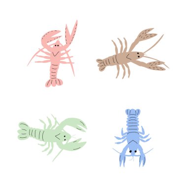 Derin arka planda kerevit karakteri deniz hayvanı. Vahşi yaşam çizimi. İç çamaşırı dünyası. Vektör illüstrasyonu.