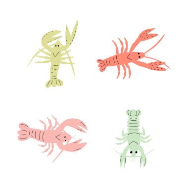 Derin arka planda kerevit karakteri deniz hayvanı. Vahşi yaşam çizimi. İç çamaşırı dünyası. Vektör illüstrasyonu.