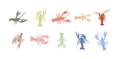 Derin arka planda kerevit karakteri deniz hayvanı. Vahşi yaşam çizimi. İç çamaşırı dünyası. Vektör illüstrasyonu.