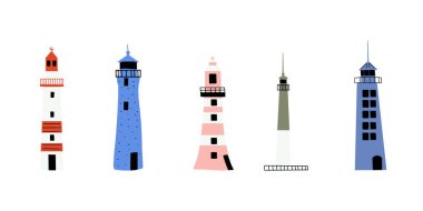 Lighthouse. Coastline architecture building. Beacon with windows. Vector illustration