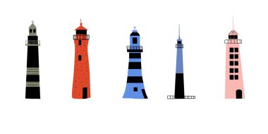Lighthouse. Coastline architecture building. Beacon with windows. Vector illustration