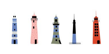 Lighthouse. Coastline architecture building. Beacon with windows. Vector illustration