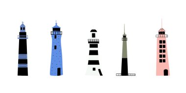 Lighthouse. Coastline architecture building. Beacon with windows. Vector illustration
