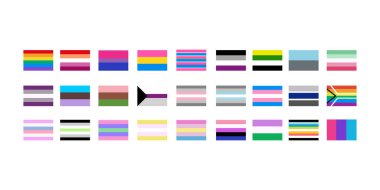 LGBT bayrakları düz stil olarak büyük. Gurur sembolleri. Gökkuşağı elementleri Vektör illüstrasyonu beyaz arkaplanda izole edildi.