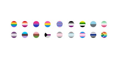 LGBT bayrakları düz stil olarak büyük. Gurur sembolleri. Gökkuşağı elementleri Vektör illüstrasyonu beyaz arkaplanda izole edildi.