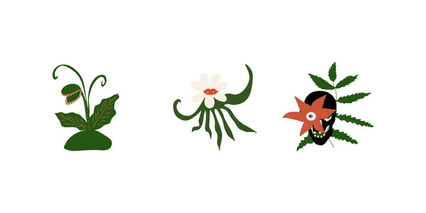 Espeluznante Predator Blossoms Flores Tropicales Peligrosas Monster Plants Icons Ilustración — Archivo Imágenes Vectoriales