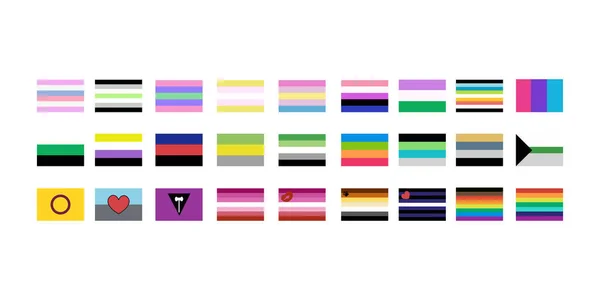 stock vector LGBT flags big set in flat style. Pride symbols. Rainbow elements. Vector illustration isolated on white background.