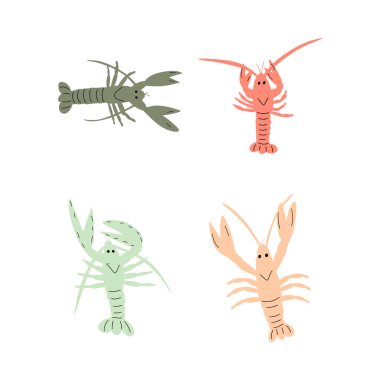 Derin arka planda kerevit karakteri deniz hayvanı. Vahşi yaşam çizimi. İç çamaşırı dünyası. Vektör illüstrasyonu.